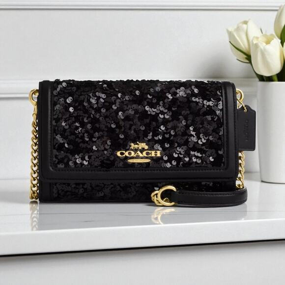 Coach Handbags - Coach Flap Clutch Crossbody in Black Sequin Glitter Leather CP188